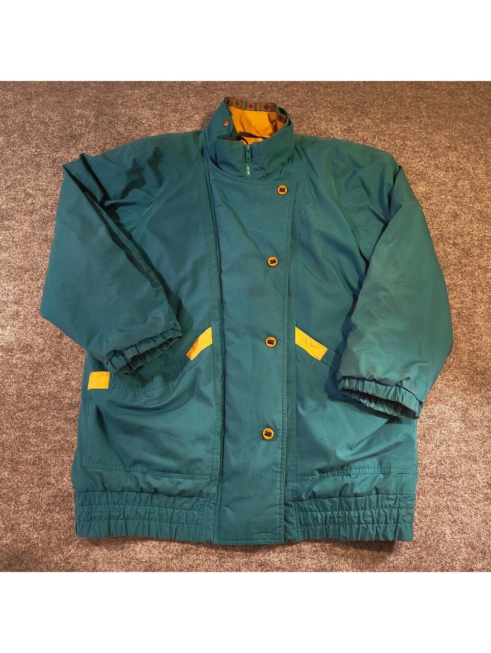 Vintage 80s 90s Teal Gold Quilted Jacket Plus Size 20W Retro Winter Coat